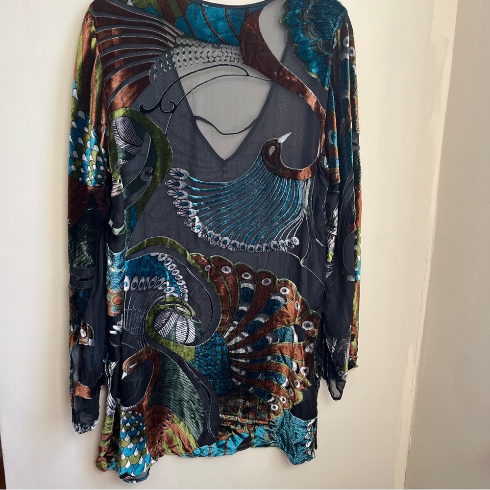100% silk burnout velvet peacock tunic top - Picture 10 of 13